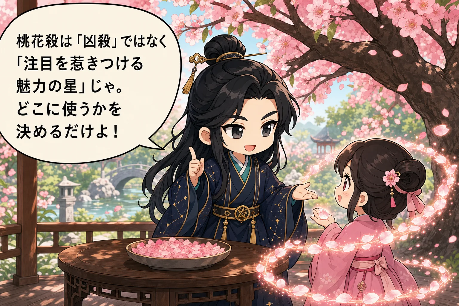 桃花殺は「凶殺」ではなく「注目を惹きつける魅力の星」じゃ。どこに使うかを決めるだけよ！