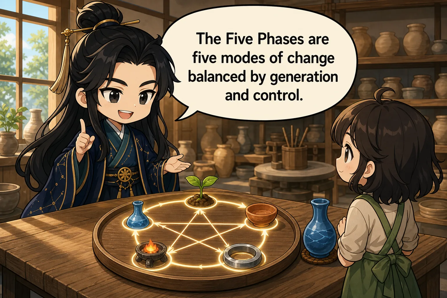 The Five Phases are five modes of change balanced by generation and control.