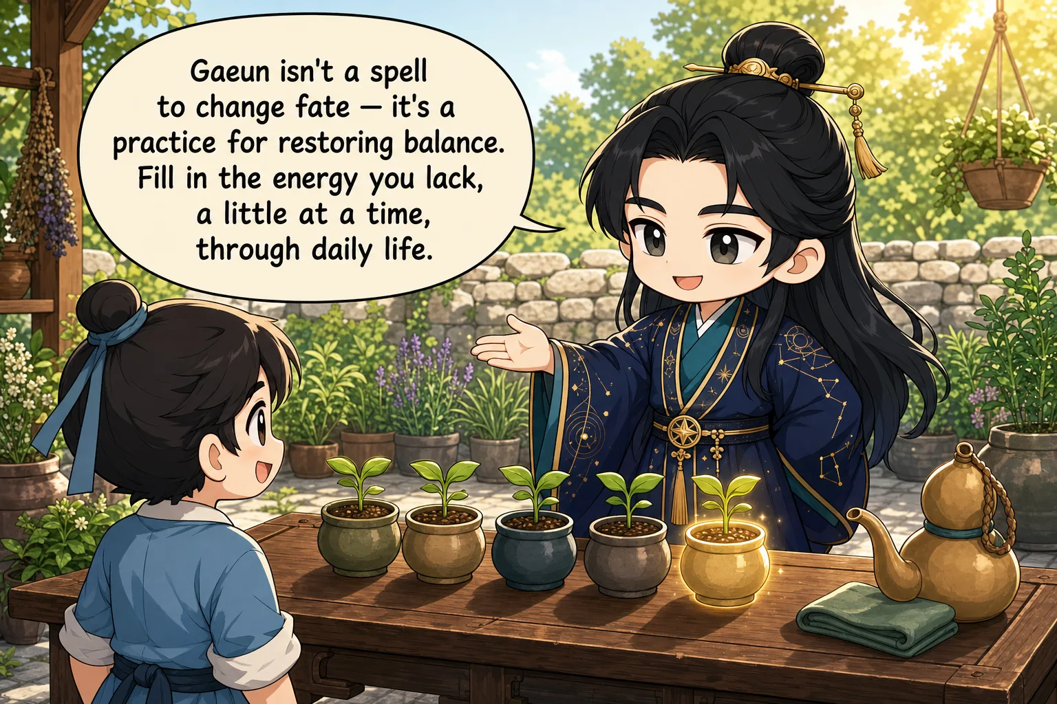 Gaeun isn't a spell to change fate — it's a practice for restoring balance. Fill in the energy you lack, a little at a time, through daily life.