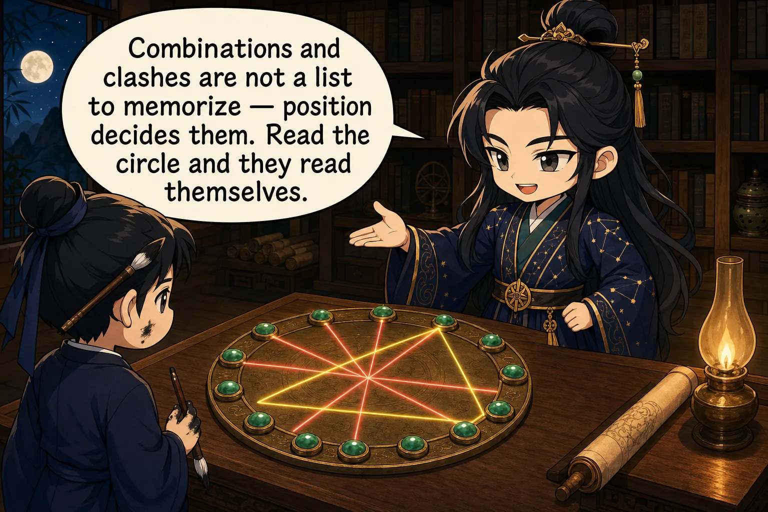 Combinations and clashes are not a list to memorize — position decides them. Read the circle and they read themselves.