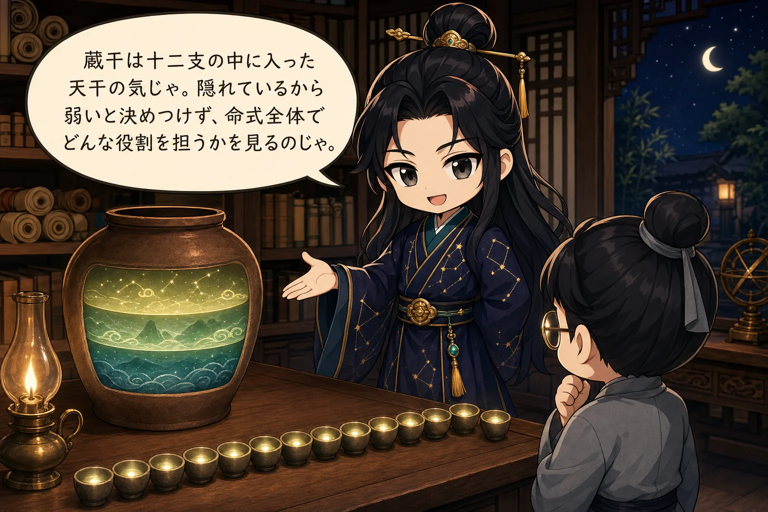 蔵干は十二支の中に入った天干の気じゃ。隠れているから弱いと決めつけず、命式全体でどんな役割を担うかを見るのじゃ。