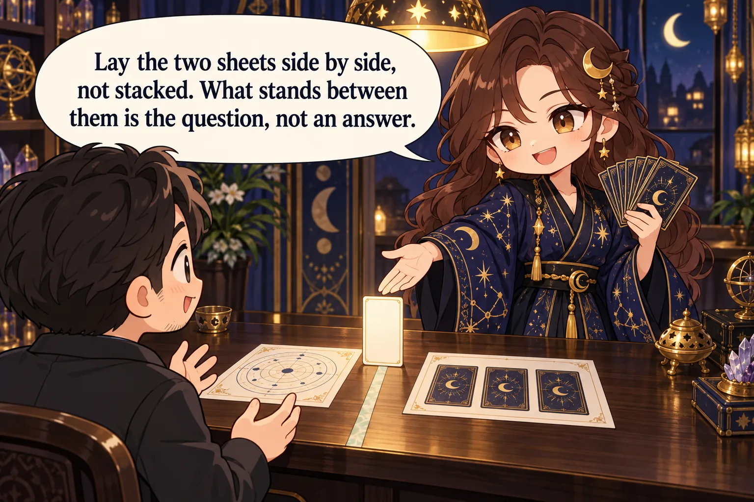 Lay the two sheets side by side, not stacked. What stands between them is the question, not an answer.