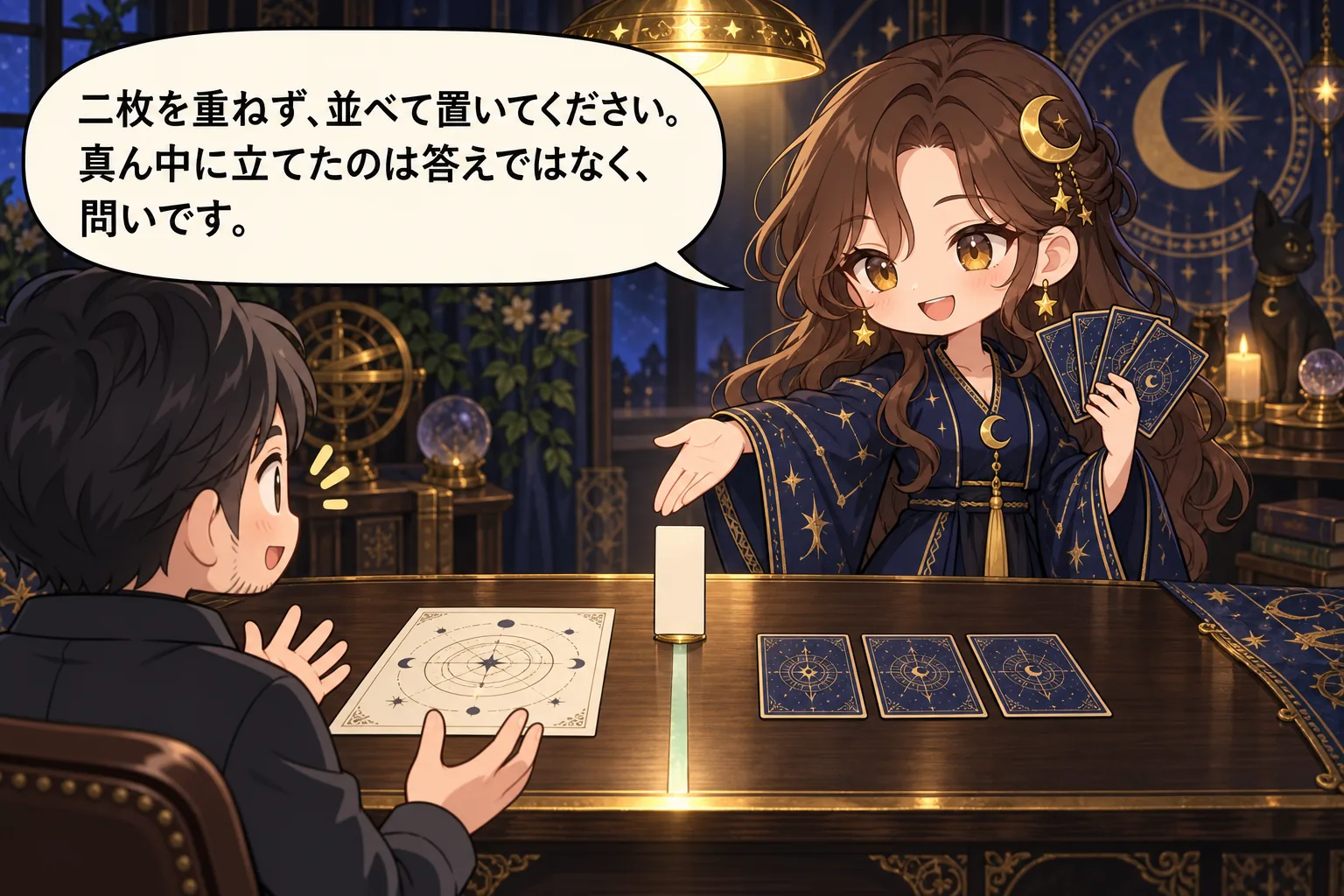 二枚を重ねず、並べて置いてください。真ん中に立てたのは答えではなく、問いです。