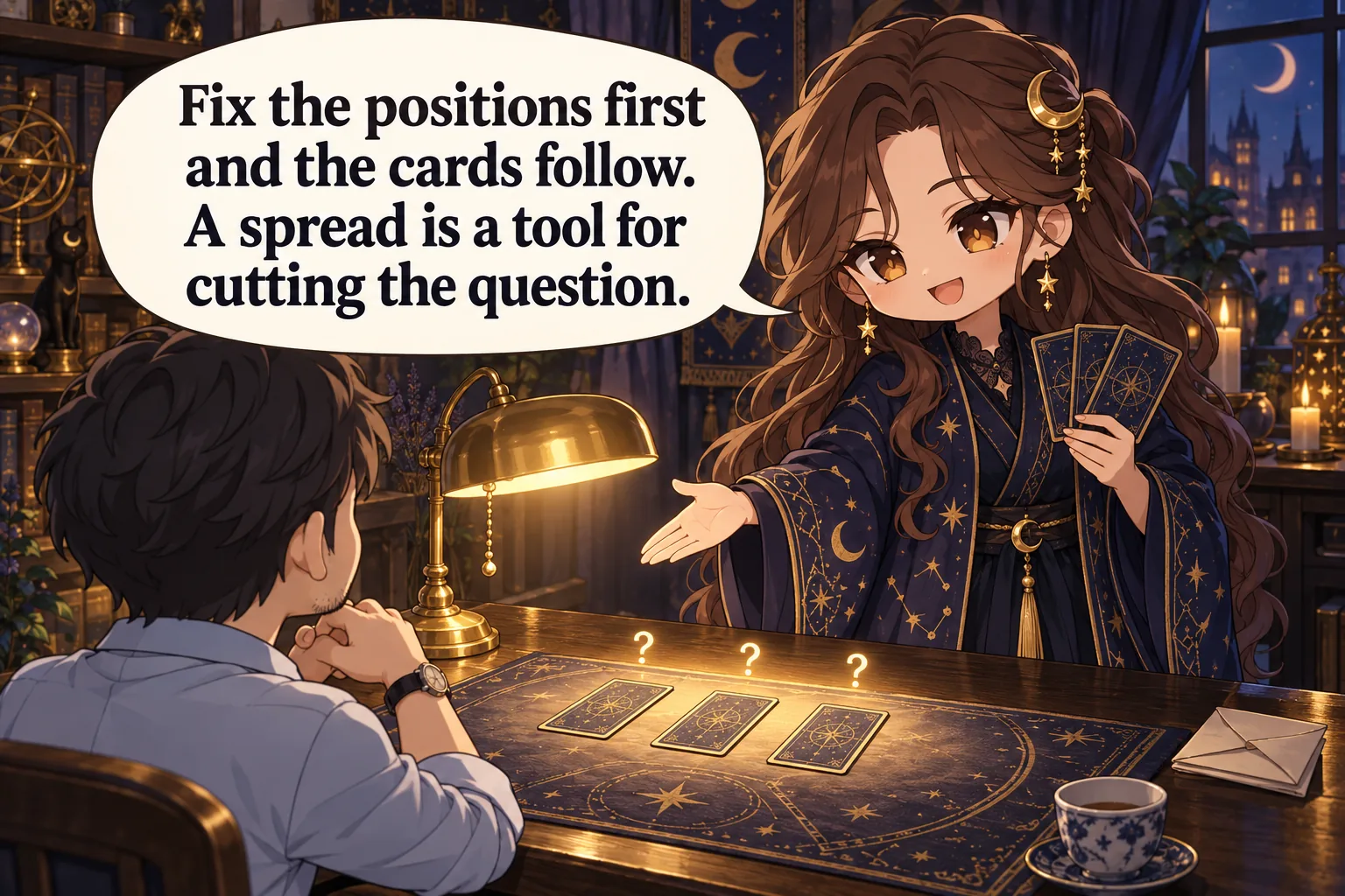 Fix the positions first and the cards follow. A spread is a tool for cutting the question.