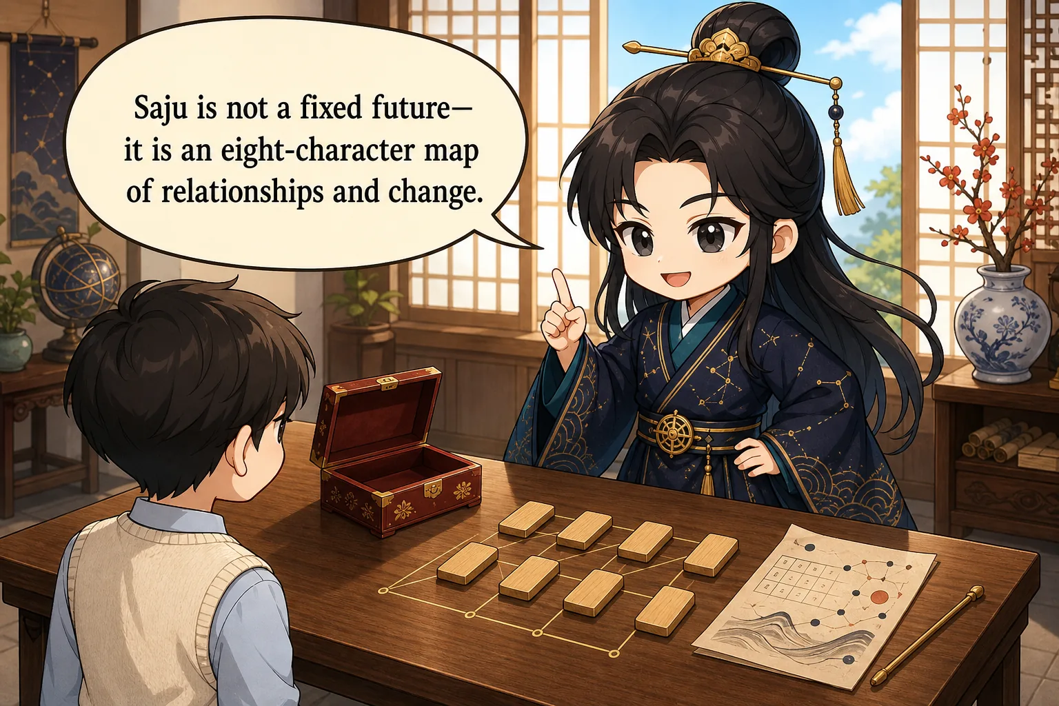 Saju is not a fixed future—it is an eight-character map of relationships and change.
