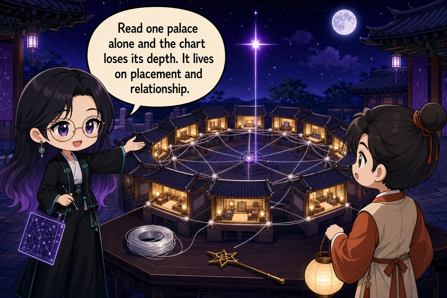 Read one palace alone and the chart loses its depth. It lives on placement and relationship.