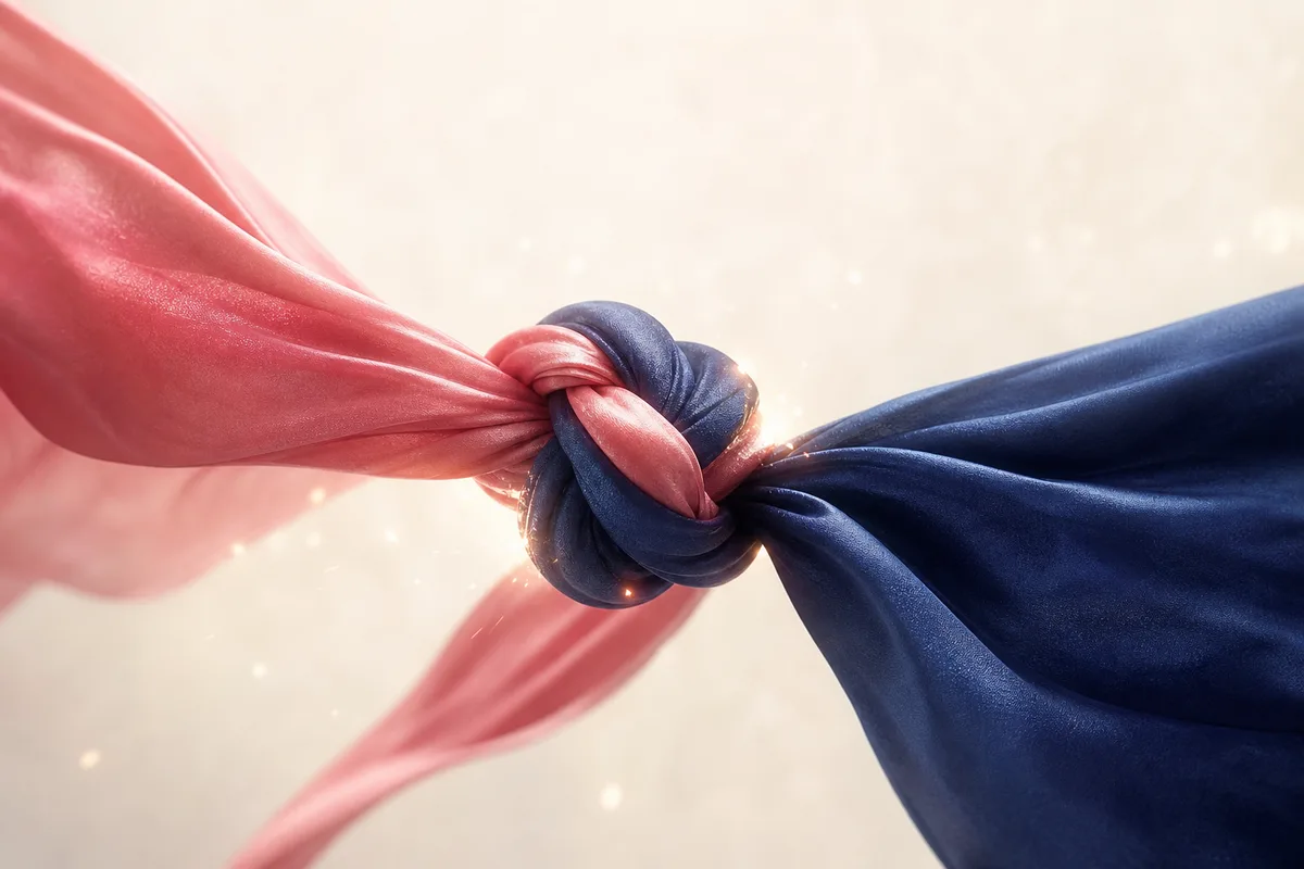 Rose and indigo silk ribbons knotted tightly at the center while pulling in opposite directions — the metaphor of Wonjin, a bond that repels yet never breaks