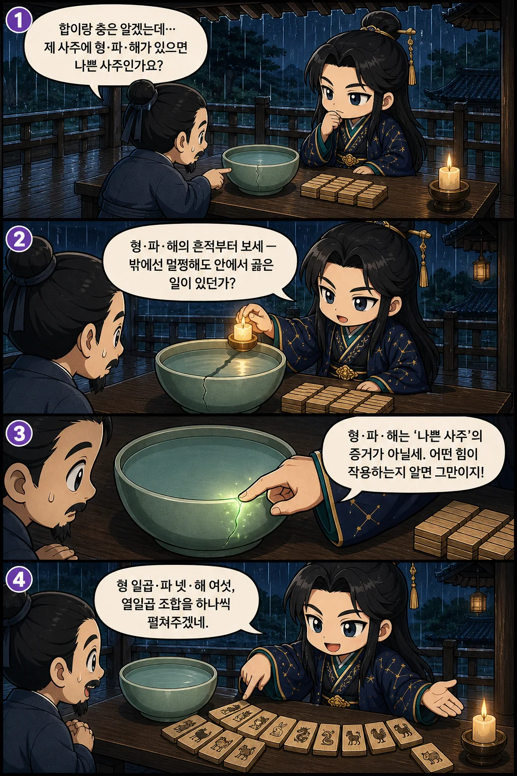 1. 합이랑 충은 알겠는데… 제 사주에 형·파·해가 있으면 나쁜 사주인가요? 2. 형·파·해의 흔적부터 보세 — 밖에선 멀쩡해도 안에서 곪은 일이 있던가? 3. 형·파·해는 '나쁜 사주'의 증거가 아닐세. 어떤 힘이 작용하는지 알면 그만이지! 4. 형 일곱·파 넷·해 여섯, 열일곱 조합을 하나씩 펼쳐주겠네.