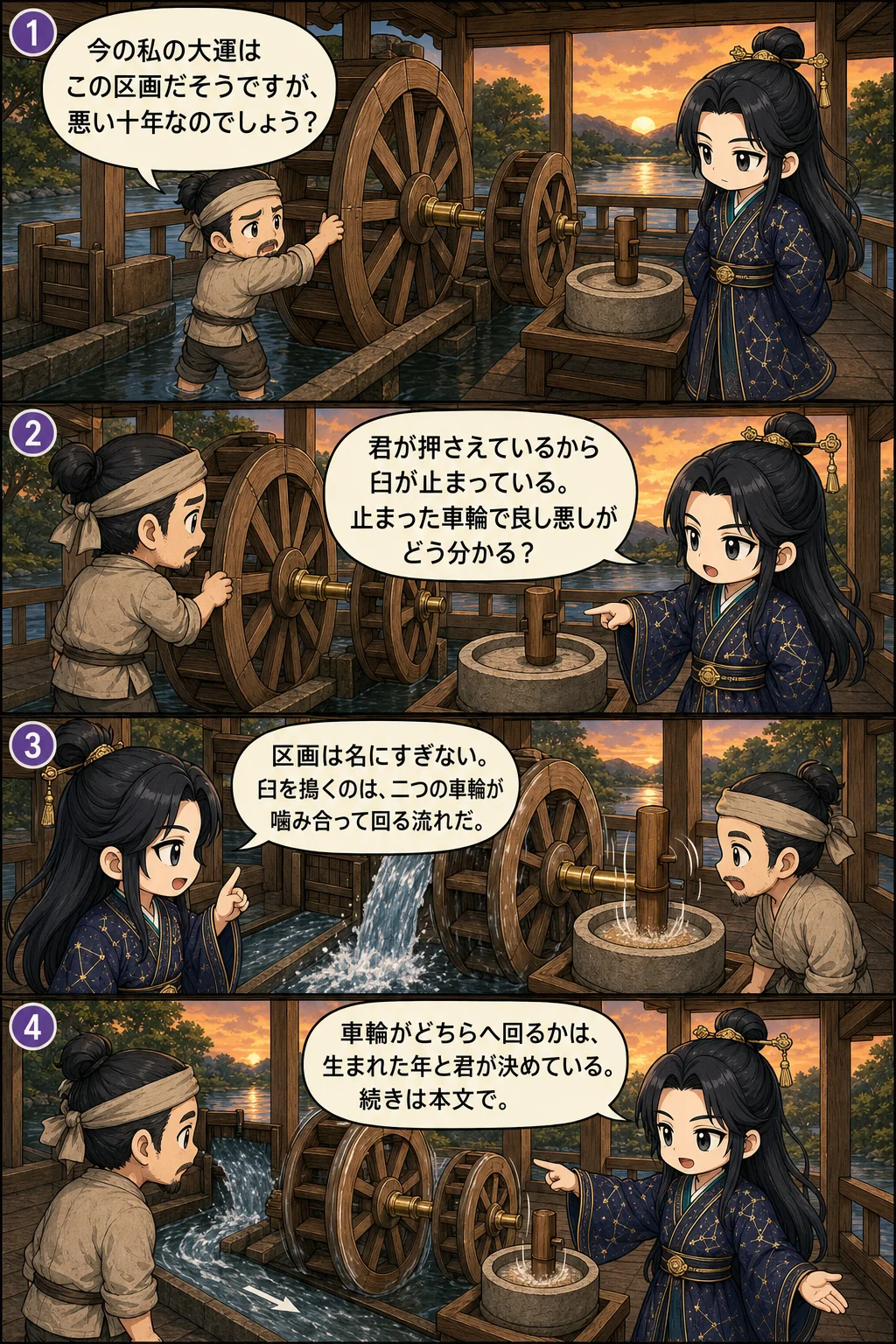 1. 今の私の大運はこの区画だそうですが、悪い十年なのでしょう？ 2. 君が押さえているから臼が止まっている。止まった車輪で良し悪しがどう分かる？ 3. 区画は名にすぎない。臼を搗くのは、二つの車輪が噛み合って回る流れだ。 4. 車輪がどちらへ回るかは、生まれた年と君が決めている。続きは本文で。