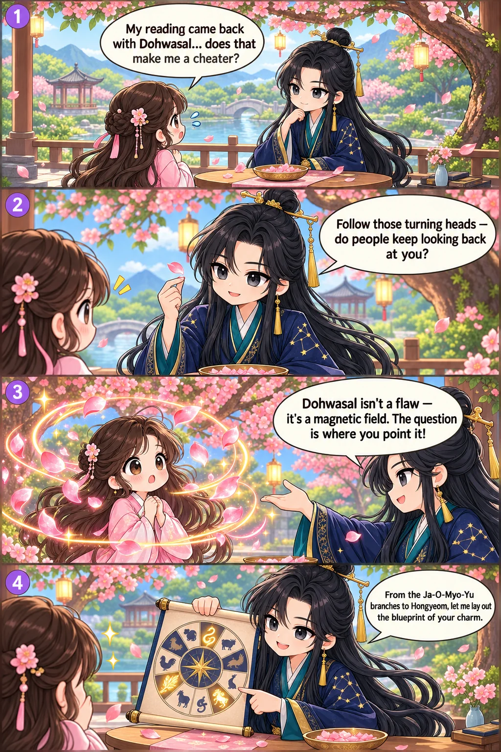 1. My reading came back with Dohwasal… does that make me a cheater? 2. Follow those turning heads — do people keep looking back at you? 3. Dohwasal isn't a flaw — it's a magnetic field. The question is where you point it! 4. From the Ja-O-Myo-Yu branches to Hongyeom, let me lay out the blueprint of your charm.