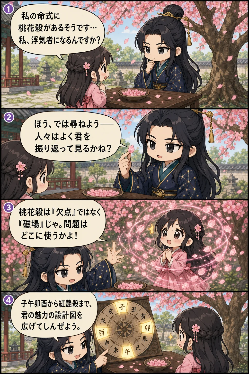 1. 私の命式に桃花殺があるそうです…私、浮気者になるんですか？ 2. ほう、では尋ねよう——人々はよく君を振り返って見るかね？ 3. 桃花殺は『欠点』ではなく『磁場』じゃ。問題はどこに使うかよ！ 4. 子午卯酉から紅艶殺まで、君の魅力の設計図を広げてしんぜよう。