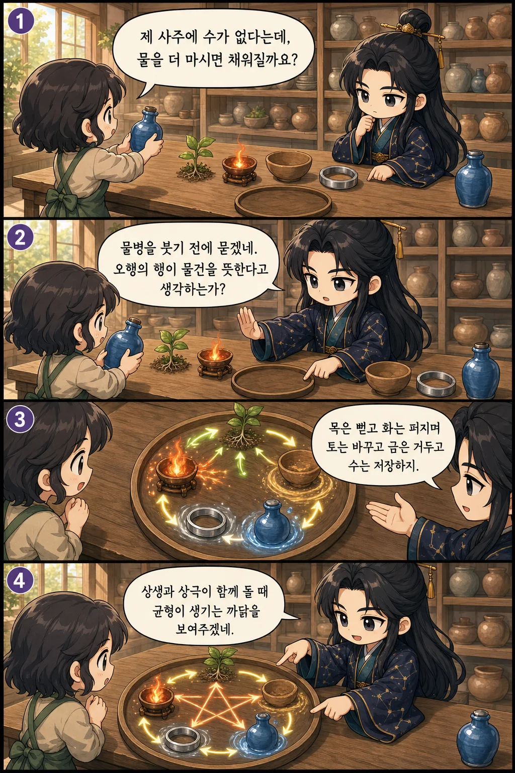 1. 제 사주에 수가 없다는데, 물을 더 마시면 채워질까요? 2. 물병을 붓기 전에 묻겠네. 오행의 행이 물건을 뜻한다고 생각하는가? 3. 목은 뻗고 화는 퍼지며 토는 바꾸고 금은 거두고 수는 저장하지. 4. 상생과 상극이 함께 돌 때 균형이 생기는 까닭을 보여주겠네.