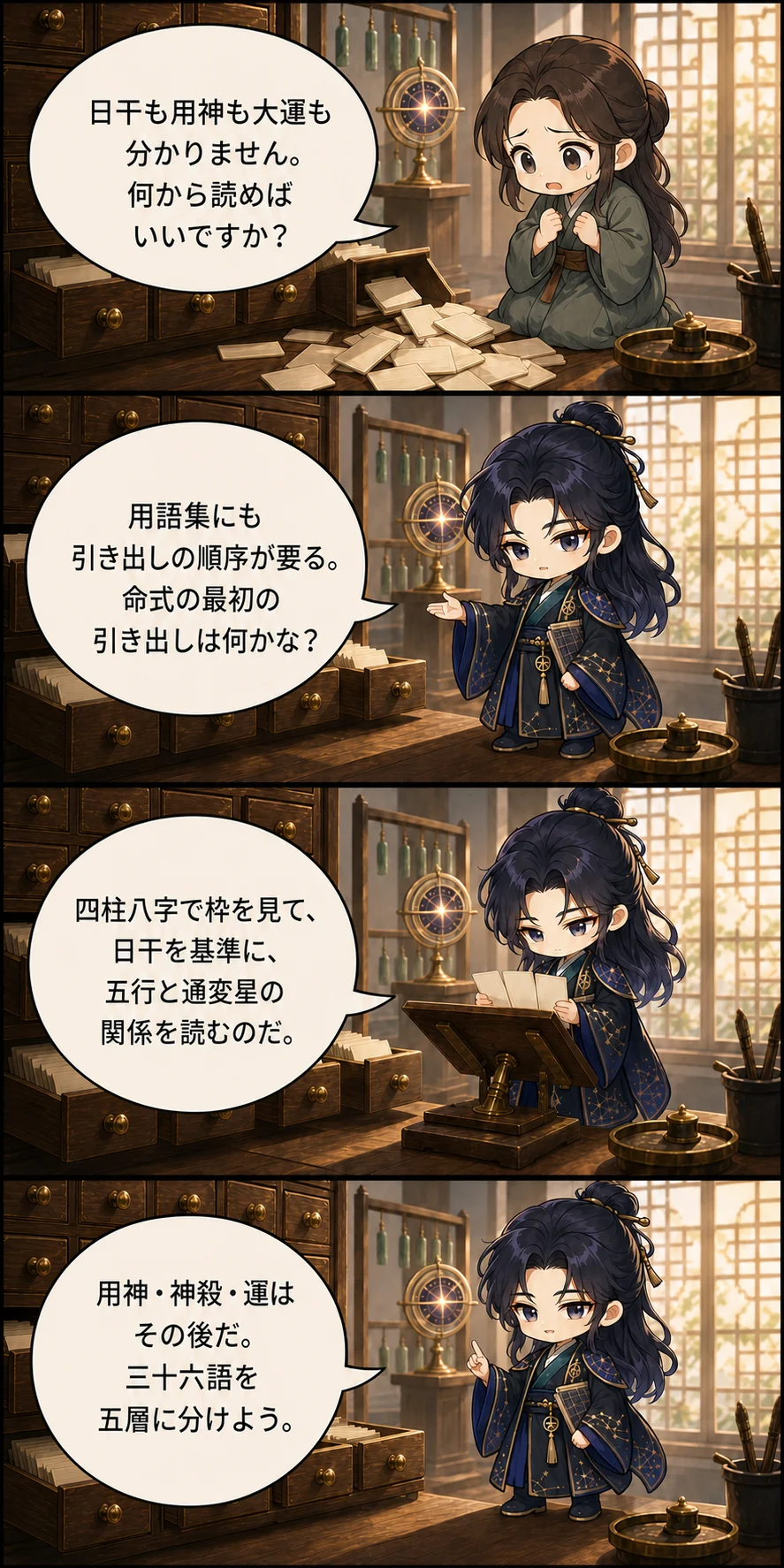1. 日干も用神も大運も分かりません。何から読めばいいですか？ 2. 用語集にも引き出しの順序が要る。命式の最初の引き出しは何かな？ 3. 四柱八字で枠を見て、日干を基準に、五行と通変星の関係を読むのだ。 4. 用神・神殺・運はその後だ。三十六語を五層に分けよう。