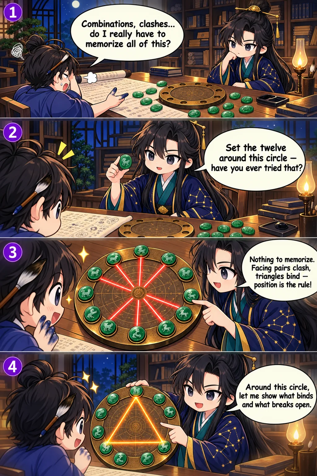 1. Combinations, clashes… do I really have to memorize all of this? 2. Set the twelve around this circle — have you ever tried that? 3. Nothing to memorize. Facing pairs clash, triangles bind — position is the rule! 4. Around this circle, let me show what binds and what breaks open.