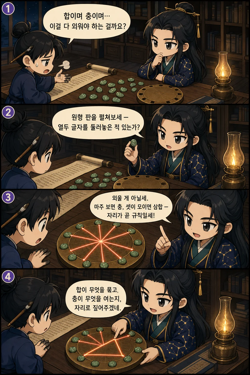 1. 합이며 충이며… 이걸 다 외워야 하는 걸까요? 2. 원형 판을 펼쳐보세 — 열두 글자를 둘러놓은 적 있는가? 3. 외울 게 아닐세. 마주 보면 충, 셋이 모이면 삼합 — 자리가 곧 규칙일세! 4. 합이 무엇을 묶고 충이 무엇을 여는지, 자리로 짚어주겠네.