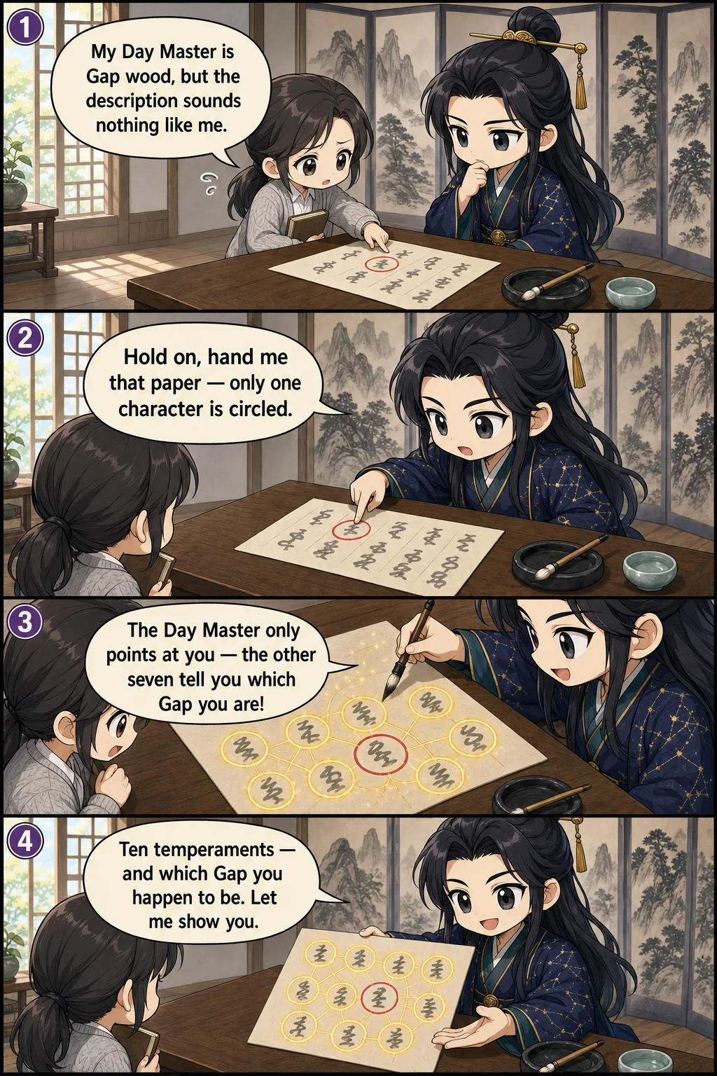 1. My Day Master is Gap wood, but the description sounds nothing like me. 2. Hold on, hand me that paper — only one character is circled. 3. The Day Master only points at you — the other seven tell you which Gap you are! 4. Ten temperaments — and which Gap you happen to be. Let me show you.