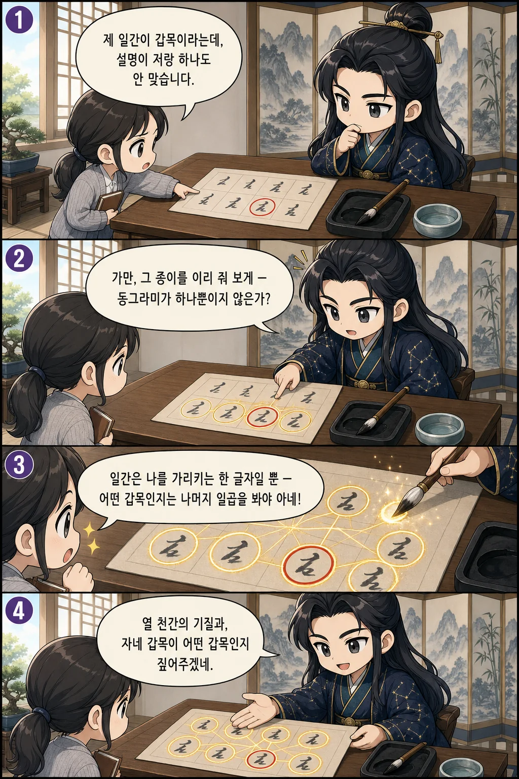 1. 제 일간이 갑목이라는데, 설명이 저랑 하나도 안 맞습니다. 2. 가만, 그 종이를 이리 줘 보게 — 동그라미가 하나뿐이지 않은가? 3. 일간은 나를 가리키는 한 글자일 뿐 — 어떤 갑목인지는 나머지 일곱을 봐야 아네! 4. 열 천간의 기질과, 자네 갑목이 어떤 갑목인지 짚어주겠네.