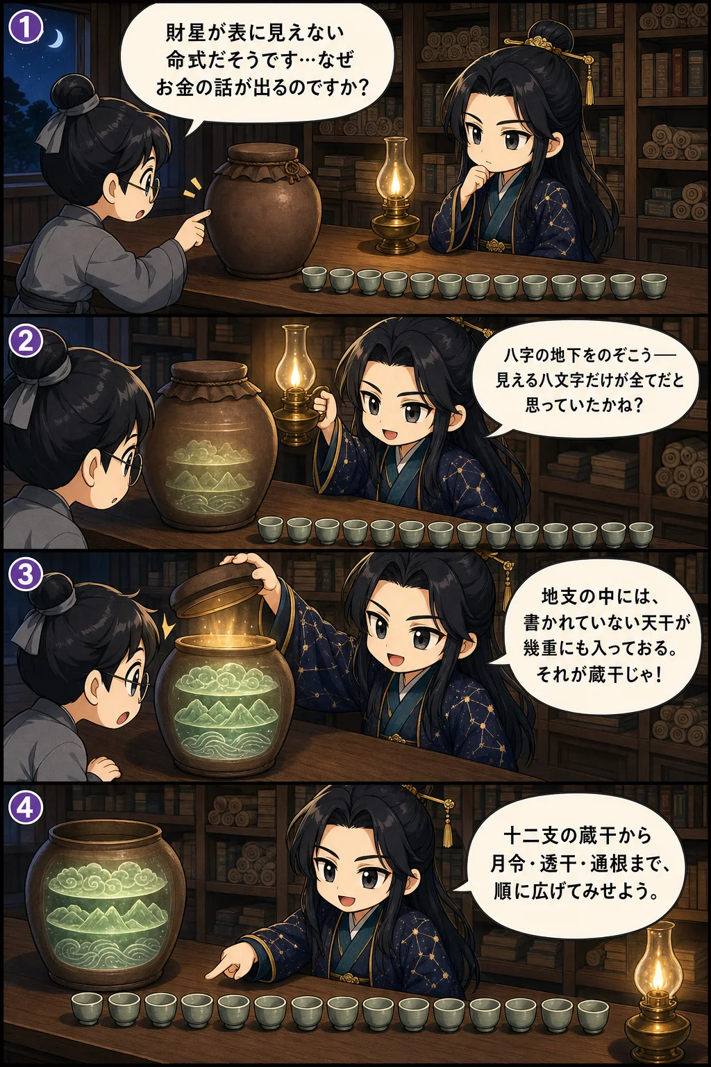1. 財星が表に見えない命式だそうです…なぜお金の話が出るのですか？ 2. 八字の地下をのぞこう——見える八文字だけが全てだと思っていたかね？ 3. 地支の中には、書かれていない天干が幾重にも入っておる。それが蔵干じゃ！ 4. 十二支の蔵干から月令・透干・通根まで、順に広げてみせよう。