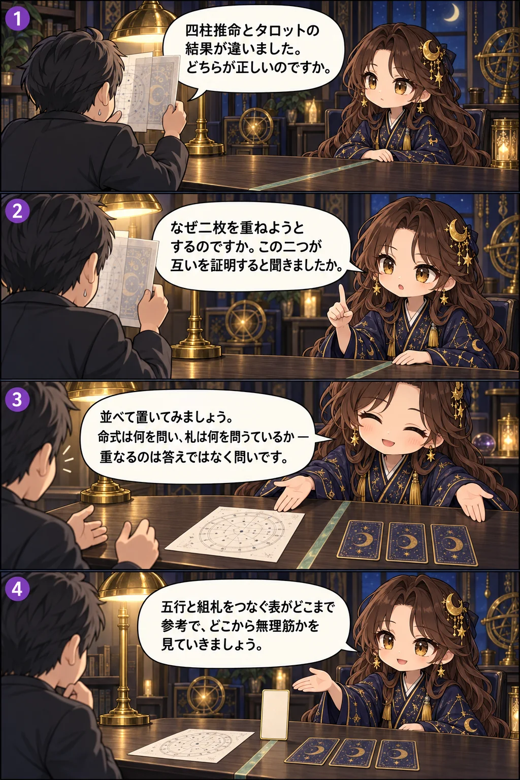 1. 四柱推命とタロットの結果が違いました。どちらが正しいのですか。 2. なぜ二枚を重ねようとするのですか。この二つが互いを証明すると聞きましたか。 3. 並べて置いてみましょう。命式は何を問い、札は何を問うているか — 重なるのは答えではなく問いです。 4. 五行と組札をつなぐ表がどこまで参考で、どこから無理筋かを見ていきましょう。