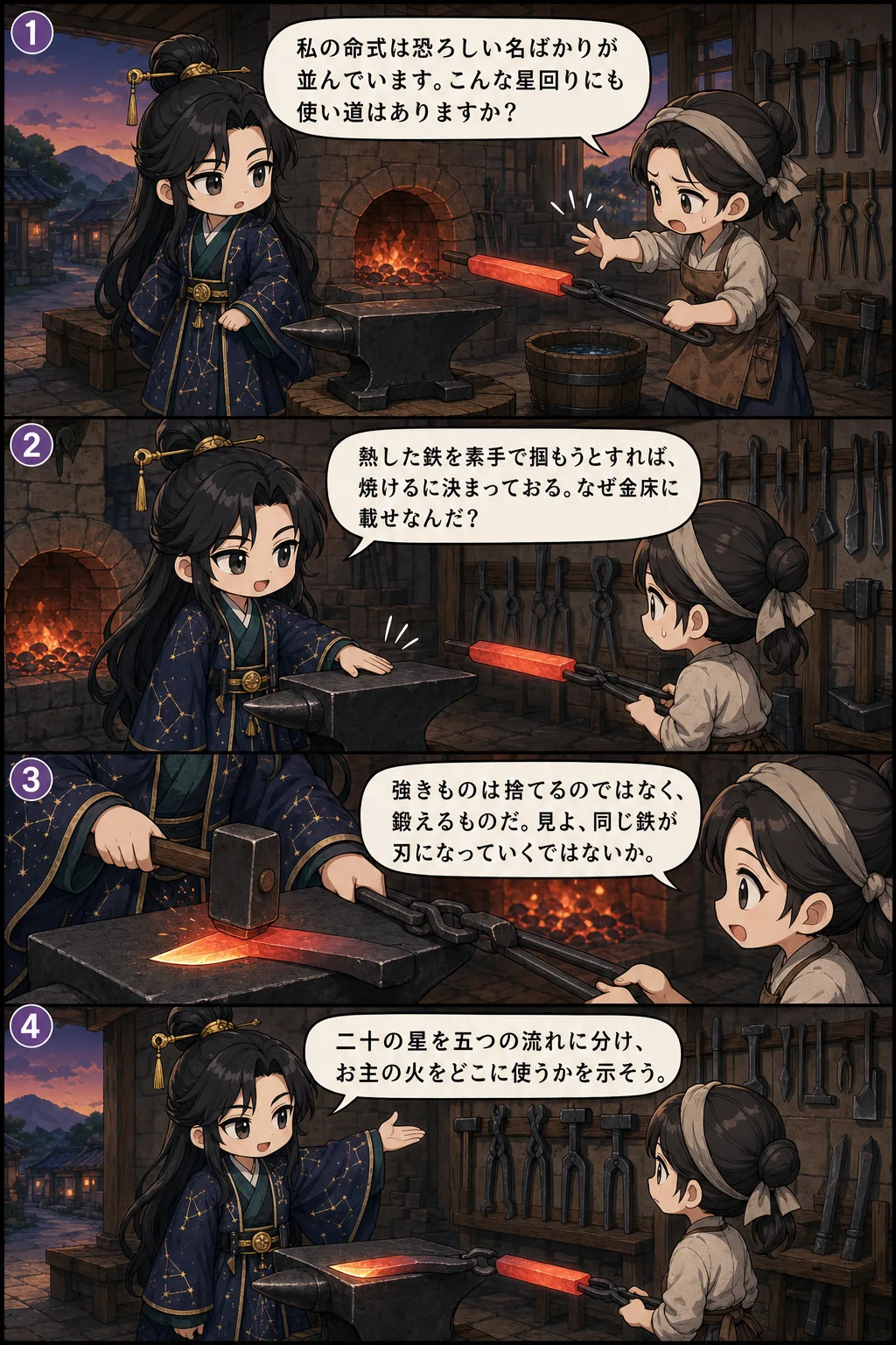 1. 私の命式は恐ろしい名ばかりが並んでいます。こんな星回りにも使い道はありますか？ 2. 熱した鉄を素手で掴もうとすれば、焼けるに決まっておる。なぜ金床に載せなんだ？ 3. 強きものは捨てるのではなく、鍛えるものだ。見よ、同じ鉄が刃になっていくではないか。 4. 二十の星を五つの流れに分け、お主の火をどこに使うかを示そう。