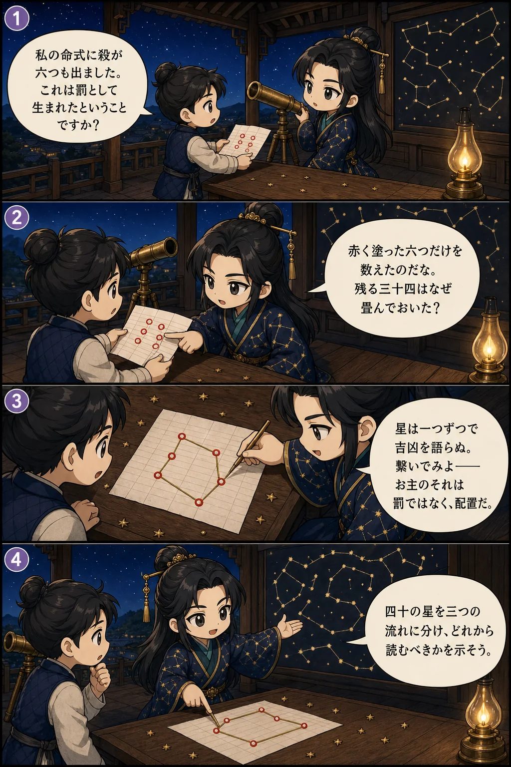 1. 私の命式に殺が六つも出ました。これは罰として生まれたということですか？ 2. 赤く塗った六つだけを数えたのだな。残る三十四はなぜ畳んでおいた？ 3. 星は一つずつで吉凶を語らぬ。繋いでみよ——お主のそれは罰ではなく、配置だ。 4. 四十の星を三つの流れに分け、どれから読むべきかを示そう。
