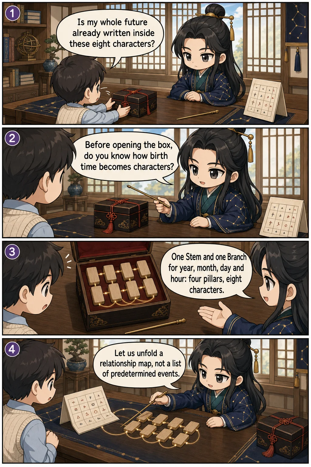 1. Is my whole future already written inside these eight characters? 2. Before opening the box, do you know how birth time becomes characters? 3. One Stem and one Branch for year, month, day and hour: four pillars, eight characters. 4. Let us unfold a relationship map, not a list of predetermined events.