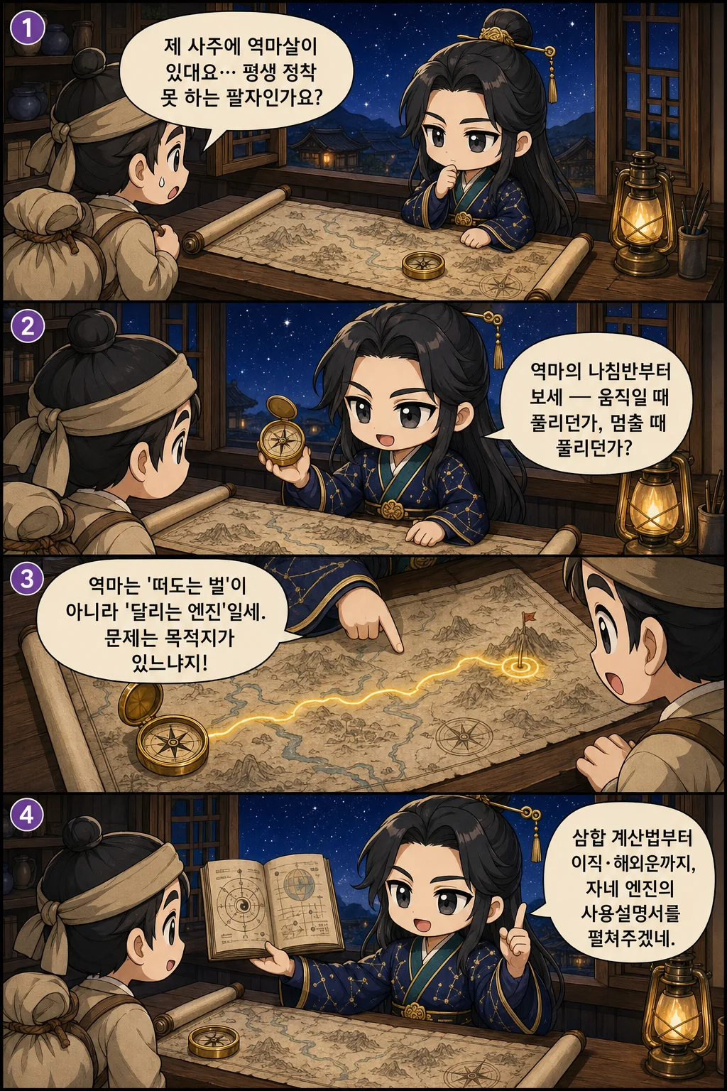 1. 제 사주에 역마살이 있대요… 평생 정착 못 하는 팔자인가요? 2. 역마의 나침반부터 보세 — 움직일 때 풀리던가, 멈출 때 풀리던가? 3. 역마는 '떠도는 벌'이 아니라 '달리는 엔진'일세. 문제는 목적지가 있느냐지! 4. 삼합 계산법부터 이직·해외운까지, 자네 엔진의 사용설명서를 펼쳐주겠네.