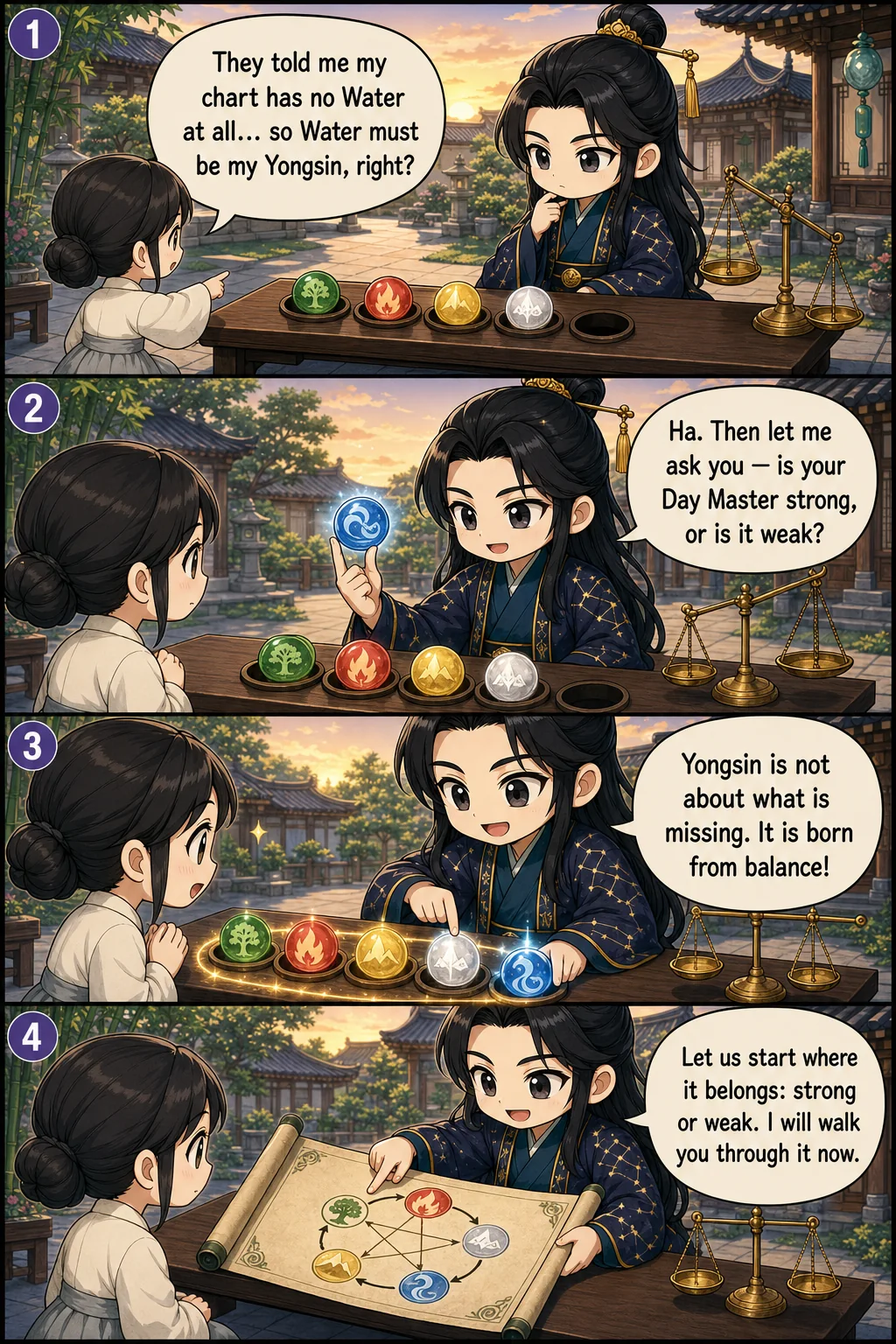 1. They told me my chart has no Water at all… so Water must be my Yongsin, right? 2. Ha. Then let me ask you — is your Day Master strong, or is it weak? 3. Yongsin is not about what is missing. It is born from balance! 4. Let us start where it belongs: strong or weak. I will walk you through it now.