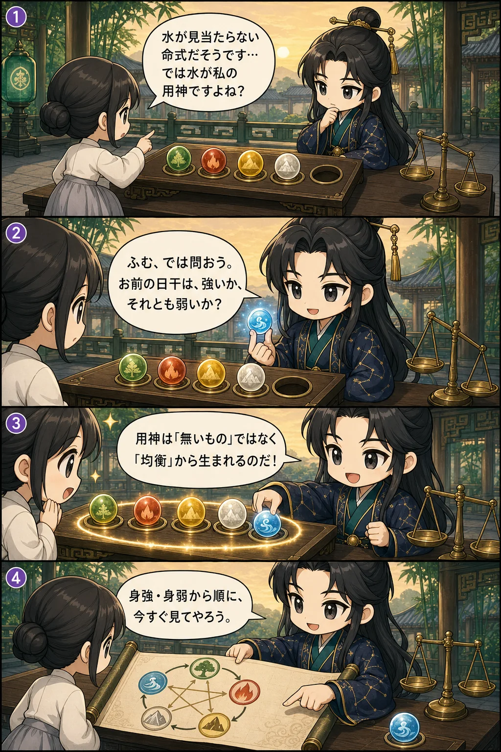 1. 水が見当たらない命式だそうです…では水が私の用神ですよね？ 2. ふむ、では問おう。お前の日干は、強いか、それとも弱いか？ 3. 用神は「無いもの」ではなく「均衡」から生まれるのだ！ 4. 身強・身弱から順に、今すぐ見てやろう。