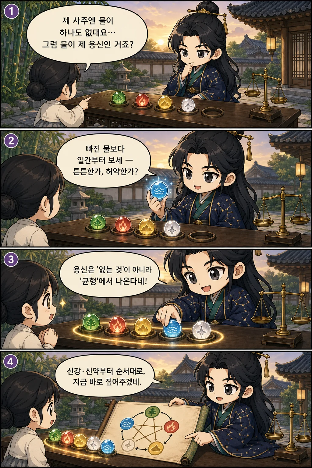 1. 제 사주엔 물이 하나도 없대요… 그럼 물이 제 용신인 거죠? 2. 빠진 물보다 일간부터 보세 — 튼튼한가, 허약한가? 3. 용신은 '없는 것'이 아니라 '균형'에서 나온다네! 4. 신강·신약부터 순서대로, 지금 바로 짚어주겠네.